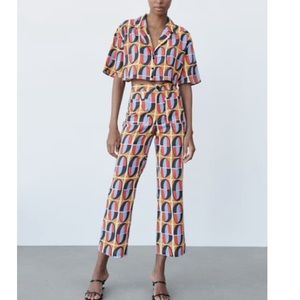 New Zara S Cropped Straight Geometric Pants Orange Pucci 70’s Linen Patch Pocket